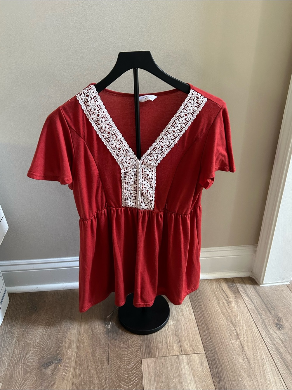 Women's Small Maternity Orange Lace Trim Peplum Blouse Short Sleeve V-Neck